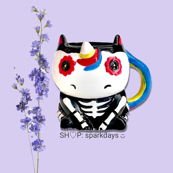 3D Unicorn Sugar Skull Skeleton Rainbow Day of the Dead Retro Ceramic Coffee Mug - Picture 3 of 12
